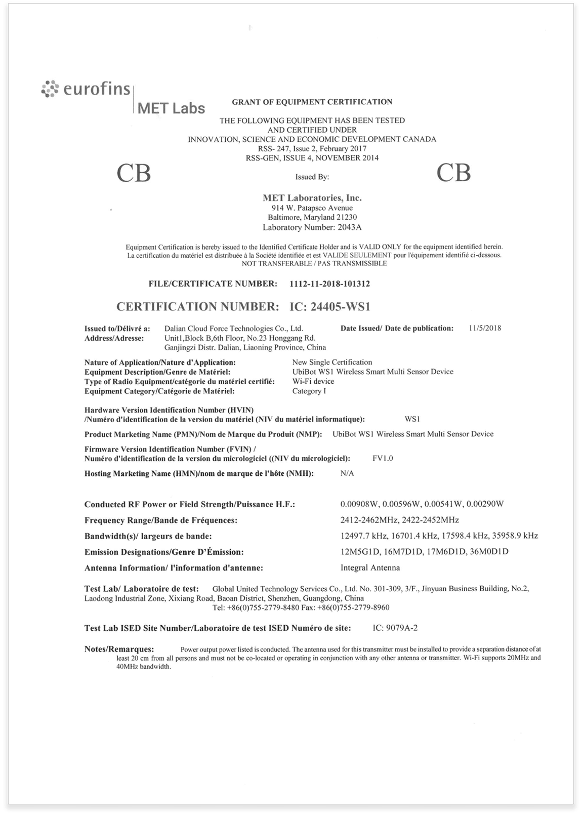 Zertifizierung des Datenschreibers ws1 CB