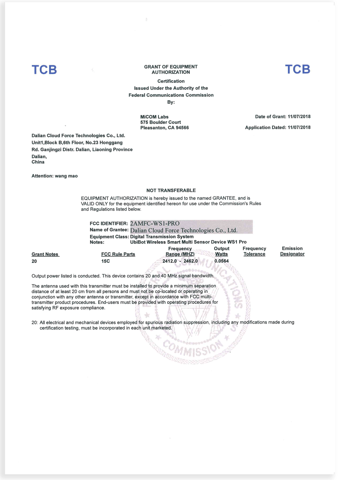 Datenlogger Zertifikat WS1 Pro FCC