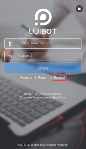 zapomniane hasło do aplikacji ubibot