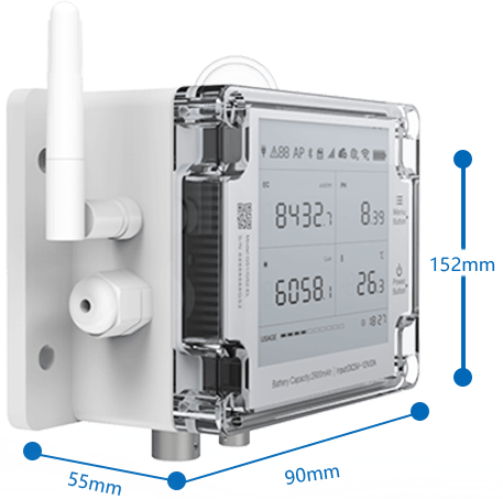 UbiBot GS2 pH and EC monitor, dimensions and side view
