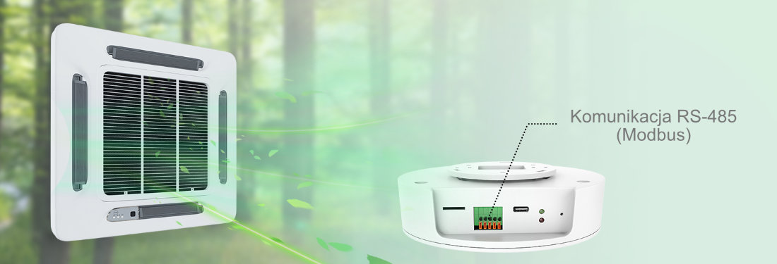 Czujnik Jakości Powietrza AQS1 współpracujący z&nbsp;systemem wentylacji i&nbsp;centralną klimatyzacją za&nbsp;pomocą RS-485