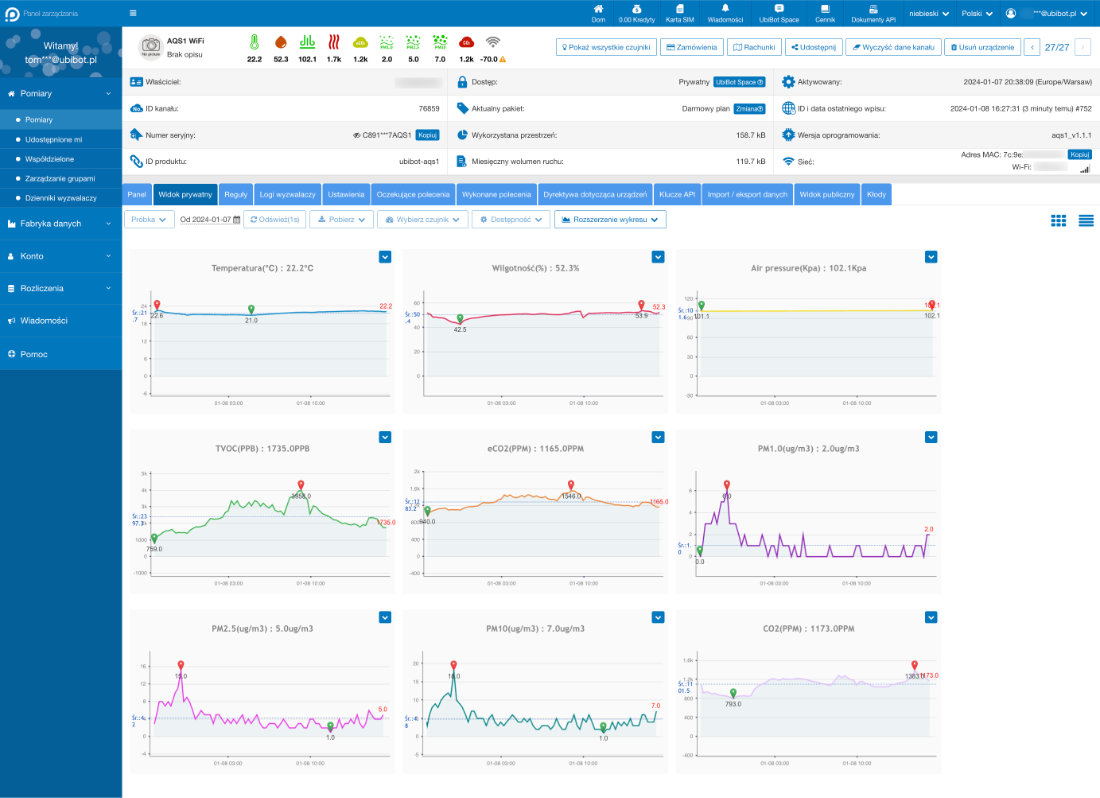 Konsola internetowa do&nbsp;zdalnego zarządzania i&nbsp;podglądu danych z&nbsp;UbiBot AQS1
