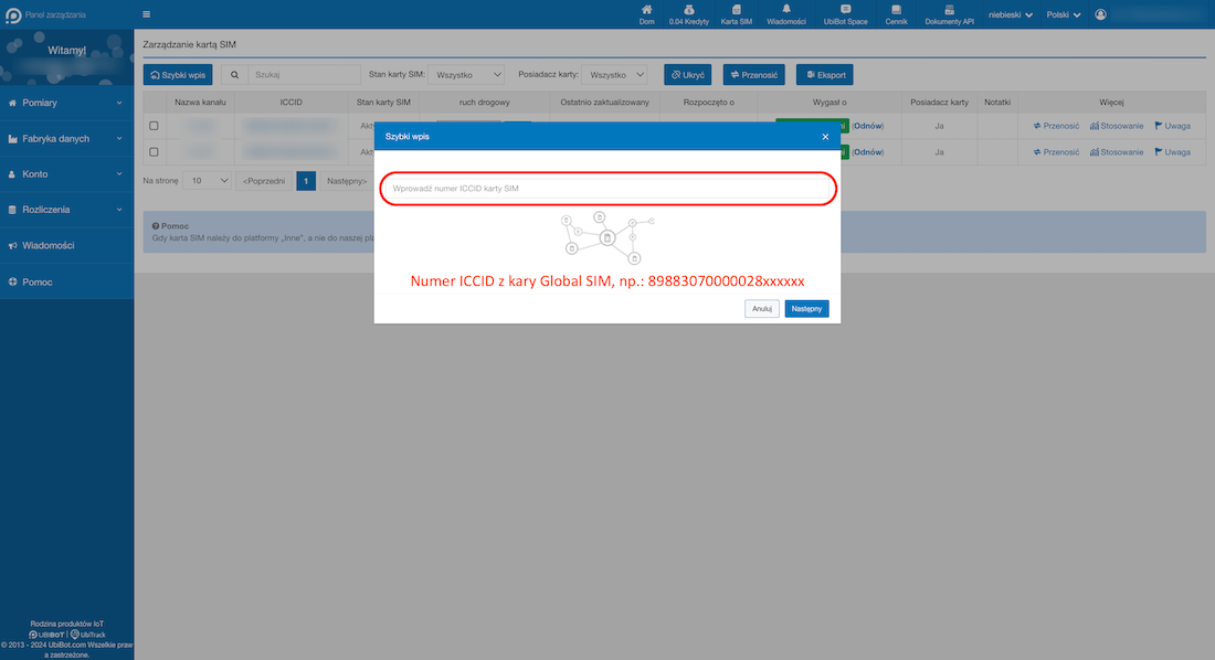 Konfiguracja UbiBot Global SIM - Wpisywanie numeru karty