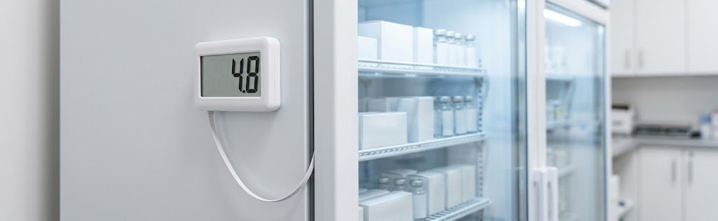 Rejestrator temperatury UbiBot z&nbsp;sondą w&nbsp;lodówce z&nbsp;lekami