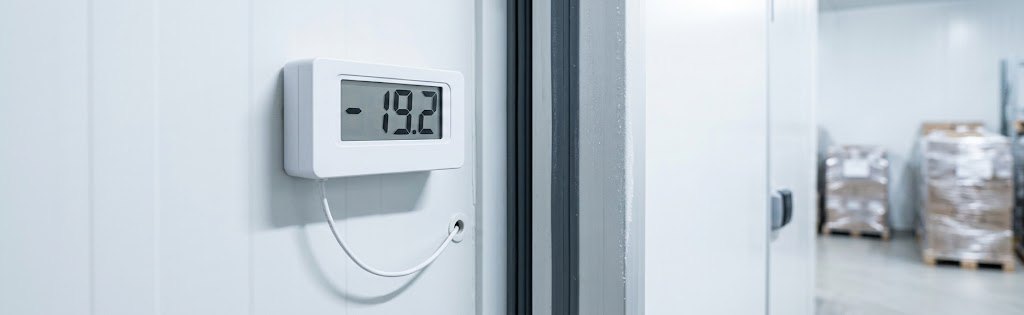 Rejestrator temperatury UbiBot przy drzwiach mroźni z sondą w komorze