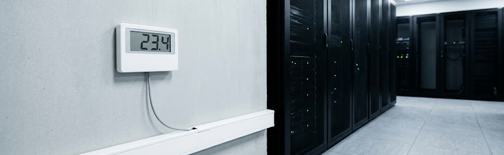Rejestrator temperatury UbiBot na ścianie serwerowni obok szaf rack