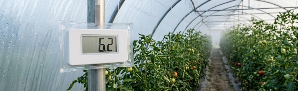 Rejestrator temperatury UbiBot w&nbsp;etui w&nbsp;tunelu foliowym z&nbsp;pomidorami