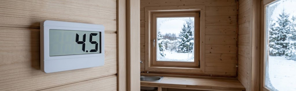 Rejestrator temperatury UbiBot na drewnianej ścianie domku letniskowego zimą