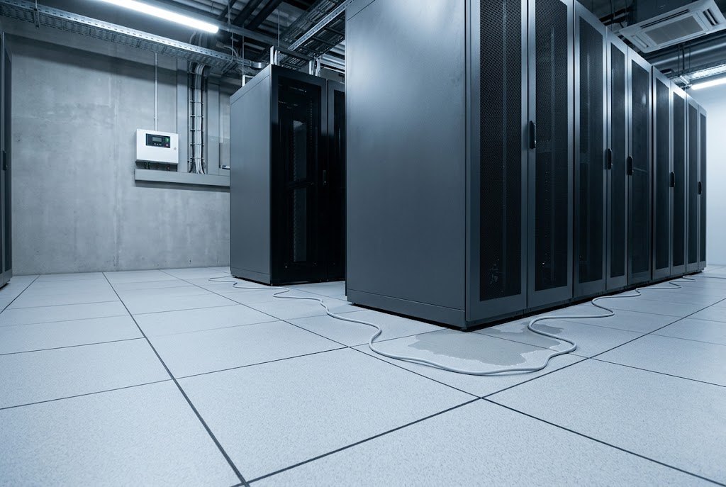 Kabel detekcyjny UbiBot LD1 na podłodze technicznej serwerowni wykrywa wyciek wody